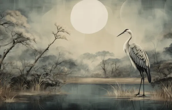 Bird, painting, pond, Heron, imitation painting, AI art, neural network