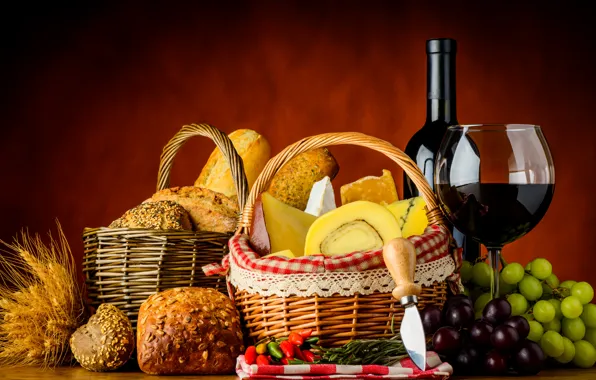 Wine, basket, glass, bottle, cheese, spikelets, bread, grapes