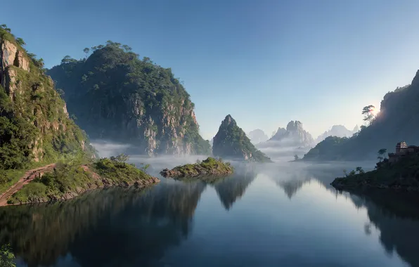 Sky, landscape, nature, art, lake, painting, digital art, fantasy art