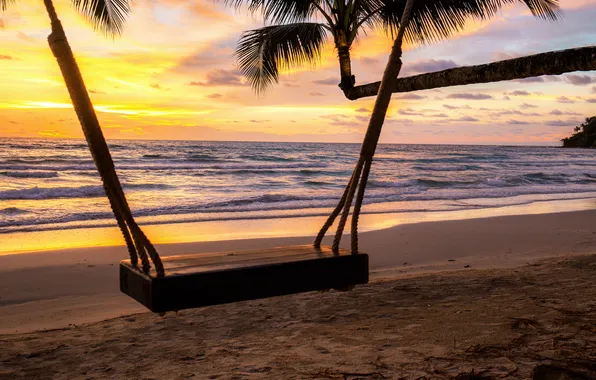 Sand, sea, beach, summer, the sky, sunset, palm trees, swing