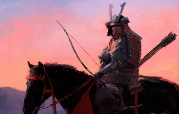 Horse, bow, samurai, helmet, rider, arrows