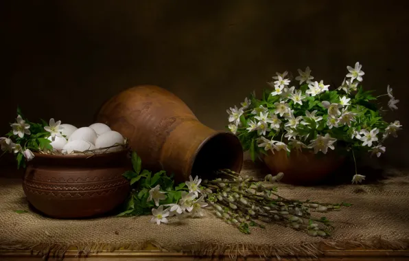 Picture flowers, branches, eggs, fabric, still life, pots, burlap, Verba