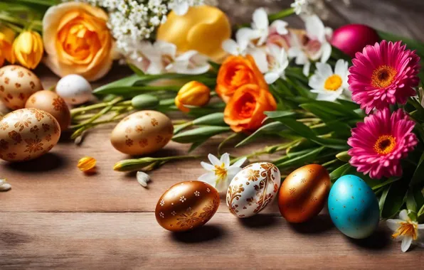 Flowers, eggs, spring, colorful, Easter, flowers, spring, Easter