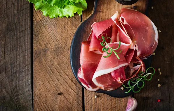 Greens, Board, meat, pepper, stand, bokeh, cutting, garlic