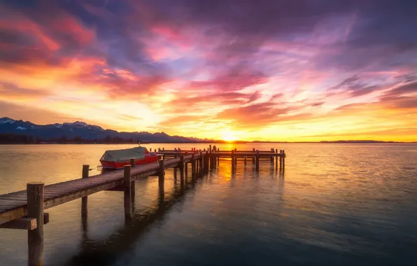 Sunset, bridge, lake