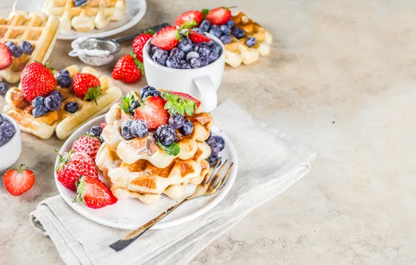 Berries, Breakfast, plate, Cup, dessert, waffles, powdered sugar, Bondarenko Rimma