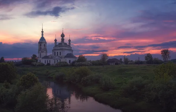 Picture landscape, nature, dawn, morning, Church, river, Agoranov Alex, Mouth