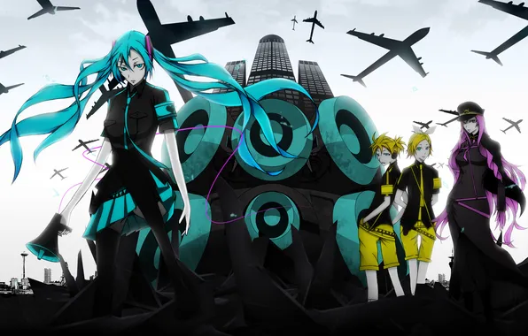 The city, girls, building, art, aircraft, guy, Hatsune Miku, Vocaloid