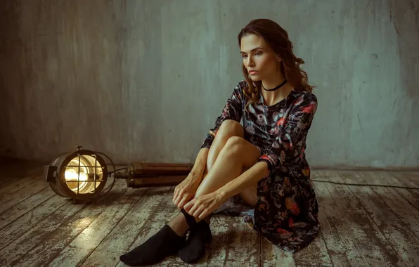 Picture look, girl, pose, model, lamp, dress, brown hair, legs