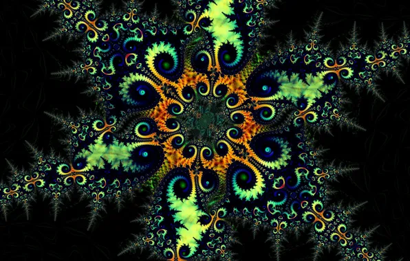 Orange, blue, abstraction, green, pattern, dark, spiral, fractal