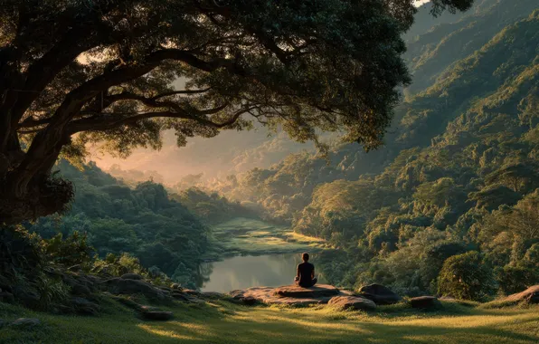 Forest, girl, light, nature, fog, lake, tree, hills