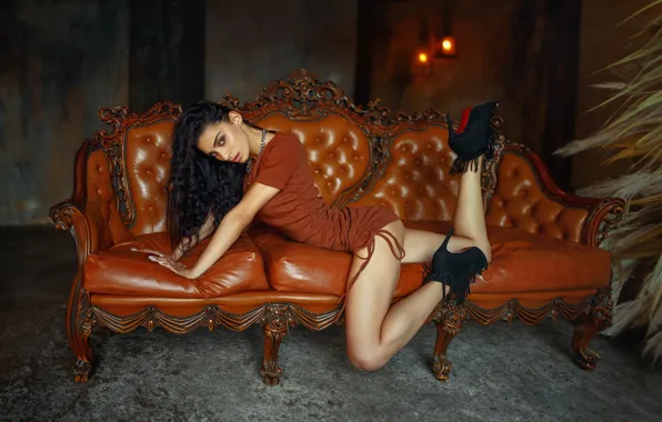 Look, girl, pose, sofa, brunette, legs, curls, ankle boots