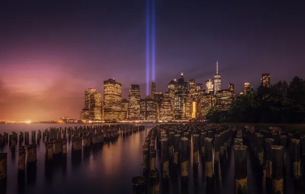 The sky, light, sunset, night, the city, lights, shore, posts
