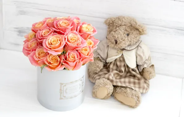 Picture love, flowers, box, toy, roses, bouquet, bear, love