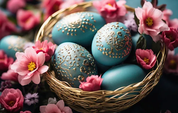 Flowers, holiday, bright, eggs, spring, blue, Easter, socket