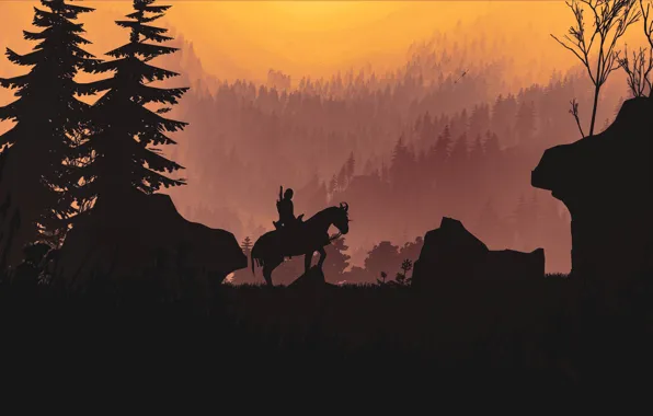 Fantasy, game, forest, The Witcher, trees, weapon, mountain, horse