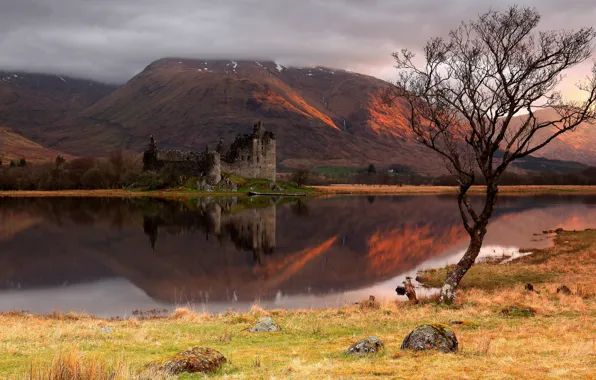 Autumn, clouds, trees, mountains, lake, reflection, river, stones
