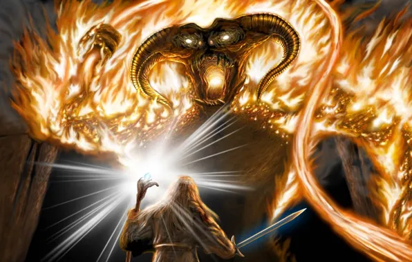 Picture sword, art, staff, battle, Balrog, Balrog, The Lord of the Rings, Moria