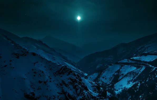 Snow, landscape, mountains, night, the moon, Iran, Alborz mountains, north of Tehran
