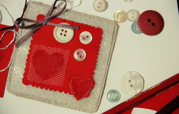 Background, Wallpaper, tape, bow, different, heart, heart. red, fabric. buttons