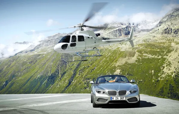 Mountains, Rocks, White, BMW, Convertible, Helicopter, Grey, BMW