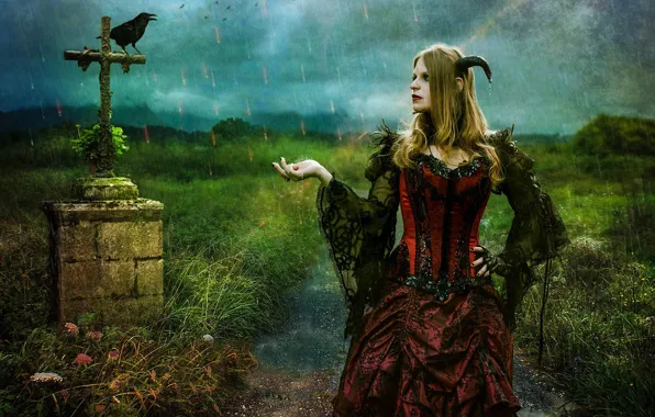 Girl, cross, crow, photoart