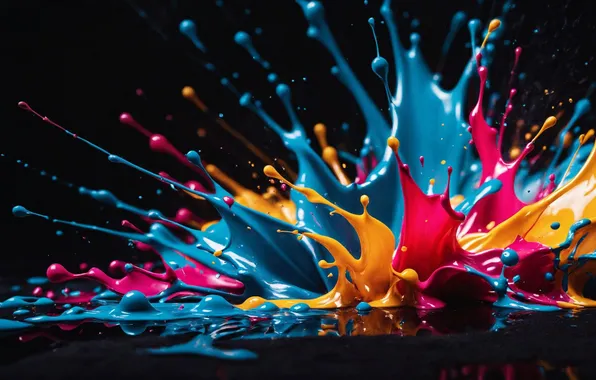Drops, squirt, paint, paint, bright colors, black background