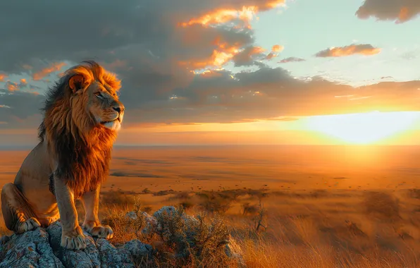 The sun, Clouds, Dawn, Leo, Savannah, Digital art, Big cat, AI art