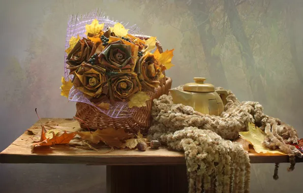 Autumn, leaves, October, scarf, kettle, still life