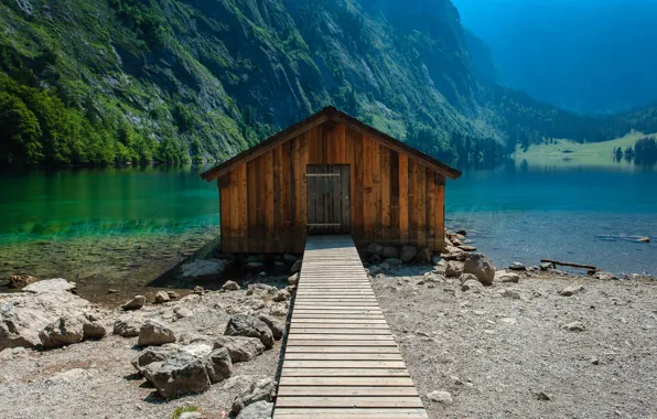 Mountains, nature, lake, boathouse