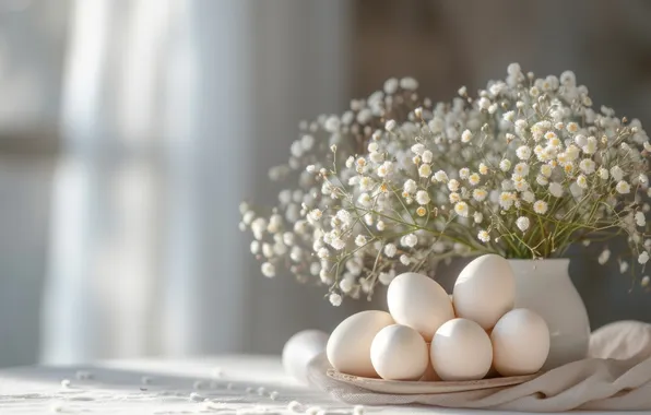 Flowers, table, holiday, eggs, bouquet, spring, window, Easter