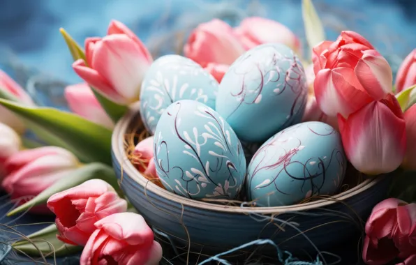 Flowers, holiday, bright, eggs, spring, blue, Easter, socket