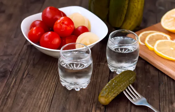 Table, lemon, cucumber, plate, Bank, Board, plug, vodka