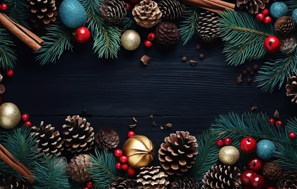 Decoration, the dark background, balls, frame, New Year, Christmas, golden, new year