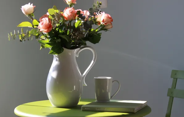 Flowers, roses, Cup, book, vase, table