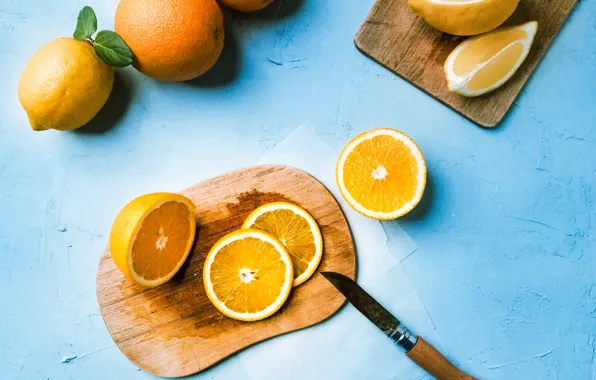 Food, oranges, fruit, knife, cutting Board