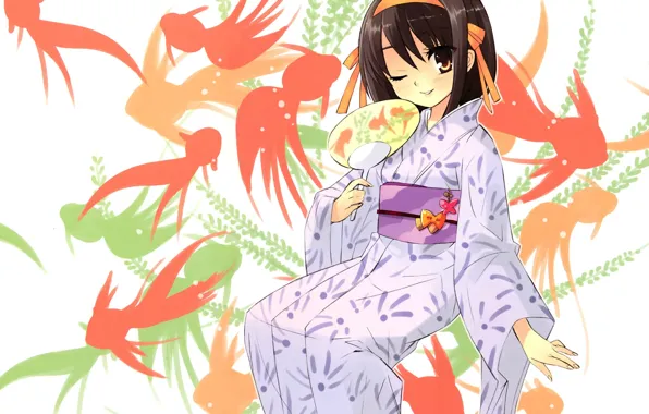 Smile, fan, goldfish, yukata, art, wink, haruhi suzumiya, noizi ito