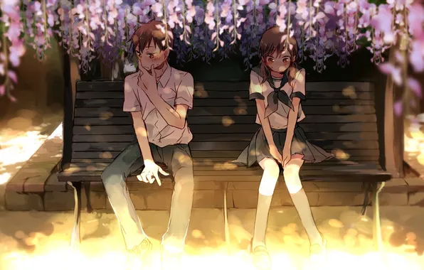 Picture girl, flowers, anime, art, form, guy, students, embarrassment
