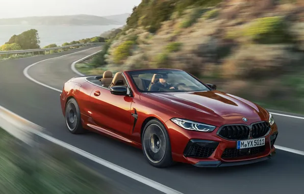 Picture road, speed, turn, BMW, convertible, 2019, BMW M8, M8