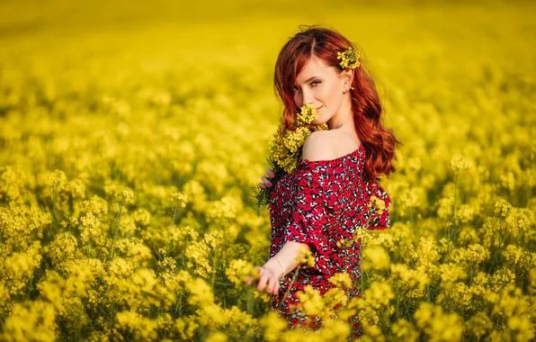 Field, summer, look, girl, mood, red, redhead, shoulder