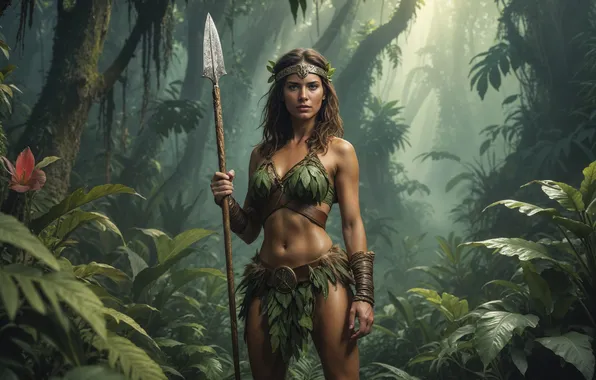 Picture Girl, Trees, Warrior, Jungle, Spear, Digital art, Amazon, AI art