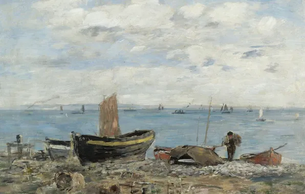 Sea, landscape, boat, picture, Eugene Boudin, Eugene Boudin, The coast at Sainte-Adresse