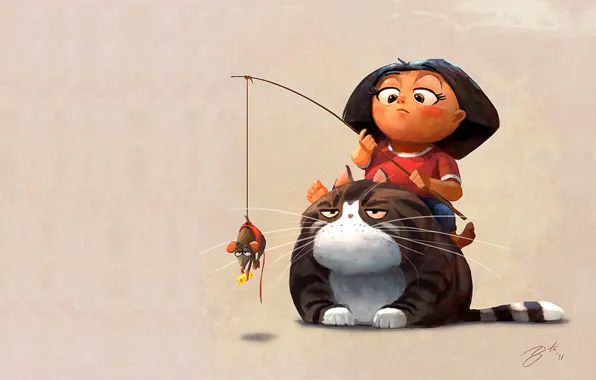 Cat, mood, mouse, art, girl, children's, Goro Fujita