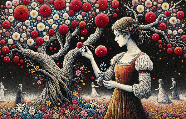 Girl, flowers, retro, the dark background, people, girls, tree, styling
