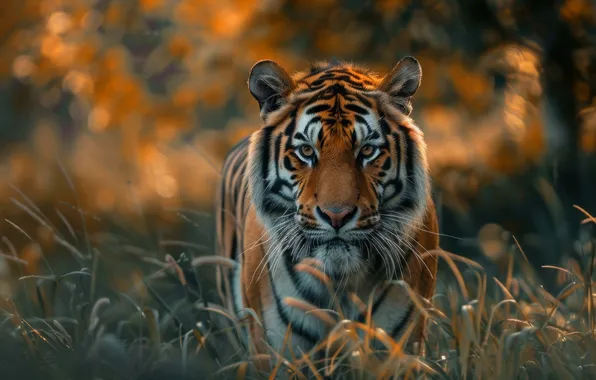 Autumn, grass, look, face, nature, tiger, glade, portrait