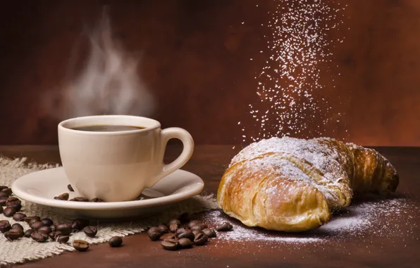 Coffee, Cup, coffee beans, powdered sugar, croissants