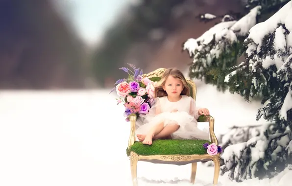 Snow, flowers, spruce, girl, Meg Bitton