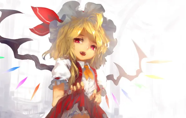 Picture fangs, crystals, red eyes, baby, art, vampire, Touhou Project, Flandre Scarlet