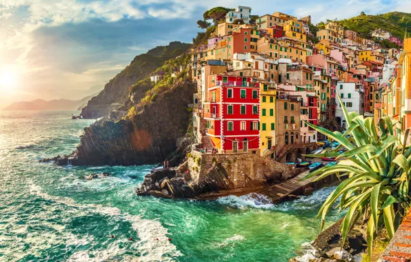 Sea, rocks, coast, Villa, boats, Italy, houses, Riomaggiore