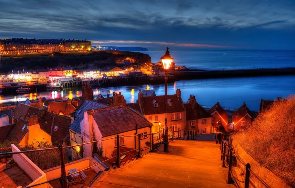 Sea, the sky, lights, coast, home, the evening, horizon, lights